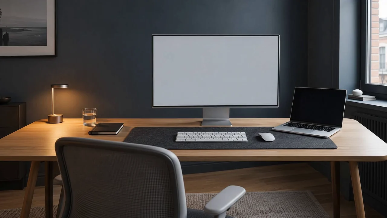 Un espace de développement avec grand écran, MacBook, clavier et souris