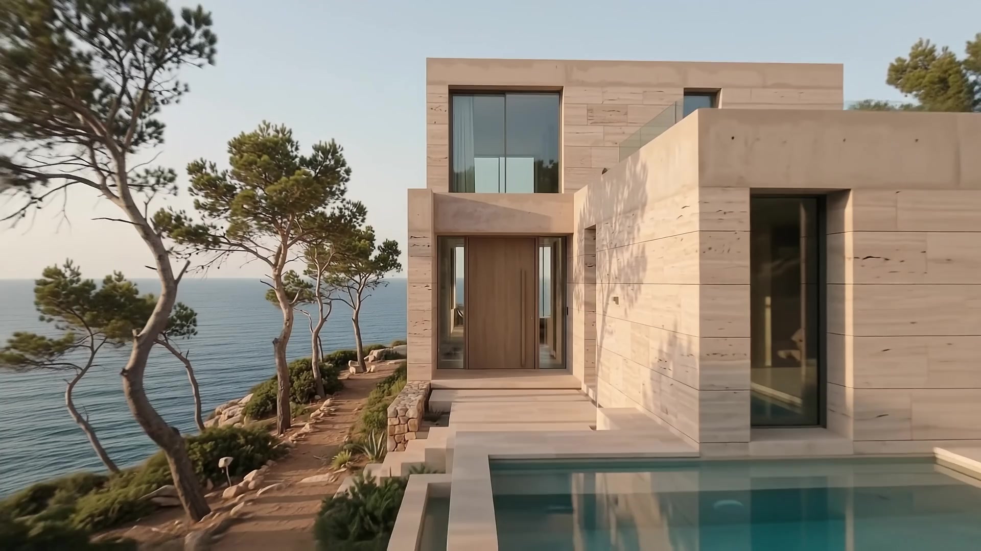 Villa contemporaine en pierre claire surplombant la mer