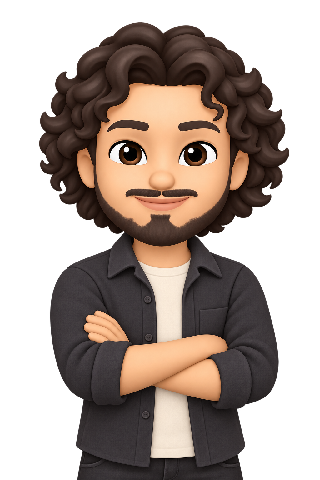 Sandro en avatar cartoon, cheveux bouclés et bras croisés